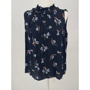 Rebecca Taylor Navy Floral 100% Silk Sleeveless Top Blouse Size 6 Ruffled Neck